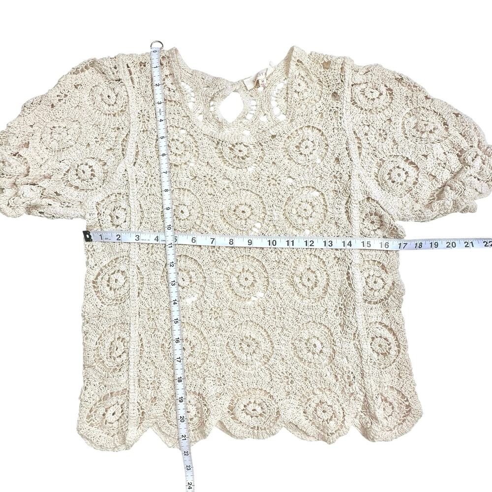 Solitaire | Women | Neutral Beige Crochet Open Knit Boho Scalloped Top | Medium - Picture 6 of 14